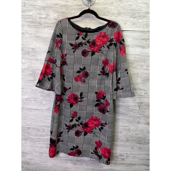 Jessica Howard Dress 14P Womens Black Red Floral Bell Sleeve Sheath Business - Picture 1 of 15